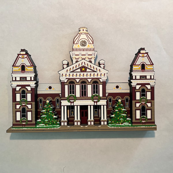 2000 SHELIA'S Collectible Heartsville Court House Pontiac Illinois Christmas Decor Shelf Sitter, Historical Building 6" H x 8-1/2" W