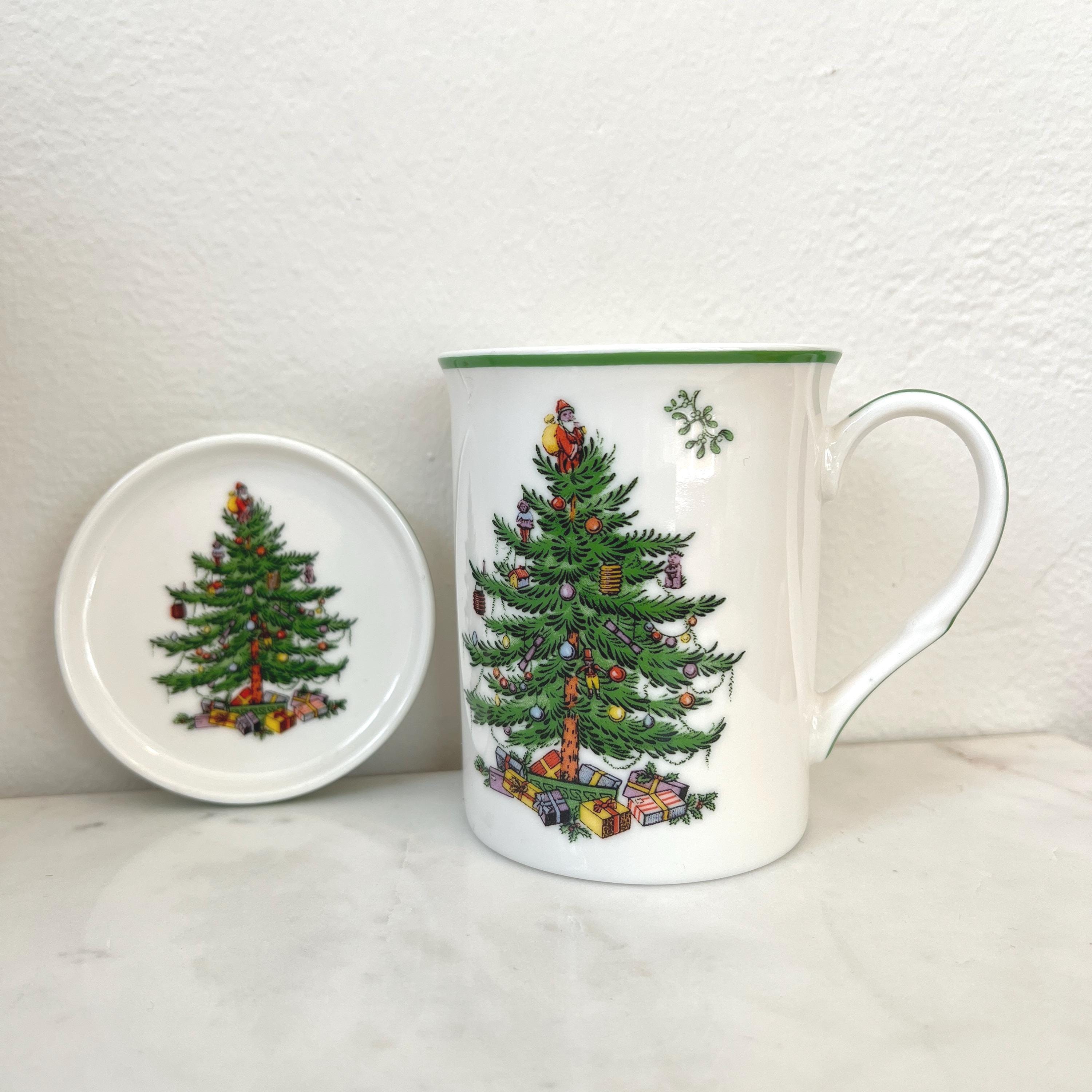 SPODE TEA MUG W/ Coaster or Lid Christmas Tree, S3324-A19, Vintage