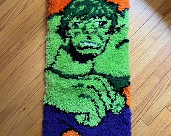 1979 Vintage INCREDIBLE HULK Latch Hook Rug Wall Art, Avengers Original Superhero Team Member, Marvel Comics Character