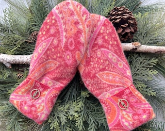 CASHMERE and WOOL Sweater MITTENS, Pink Orange Red, Decorative Button Cuffs, Fleece-Lined, Upcycled Recycled Handmade Gift for Her, Size M