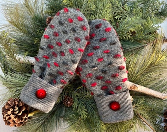 UPCYCLED CASHMERE Felted Wool Sweater Mittens, Fleece Lined, Gray Charcoal & Red, Button Cuffs, Recycled Gift for Women or Teens, Size S