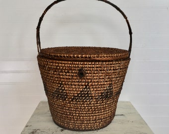 Vintage Woven Wicker Basket w/ Lid and Handle, Geometric Triangle Design in Two Tones, Mid Century Asian? Polynesian? Southeast Asian? Decor