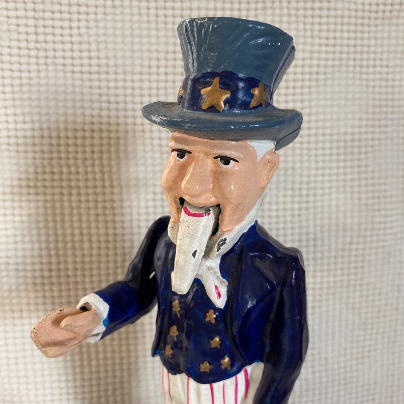 11 Working Reproduction Mechanical Coin Bank Patriotic Gift Vintage Cast Iron UNCLE SAM Bank Door Stop Push Nail Head /& Sam Drops Coin