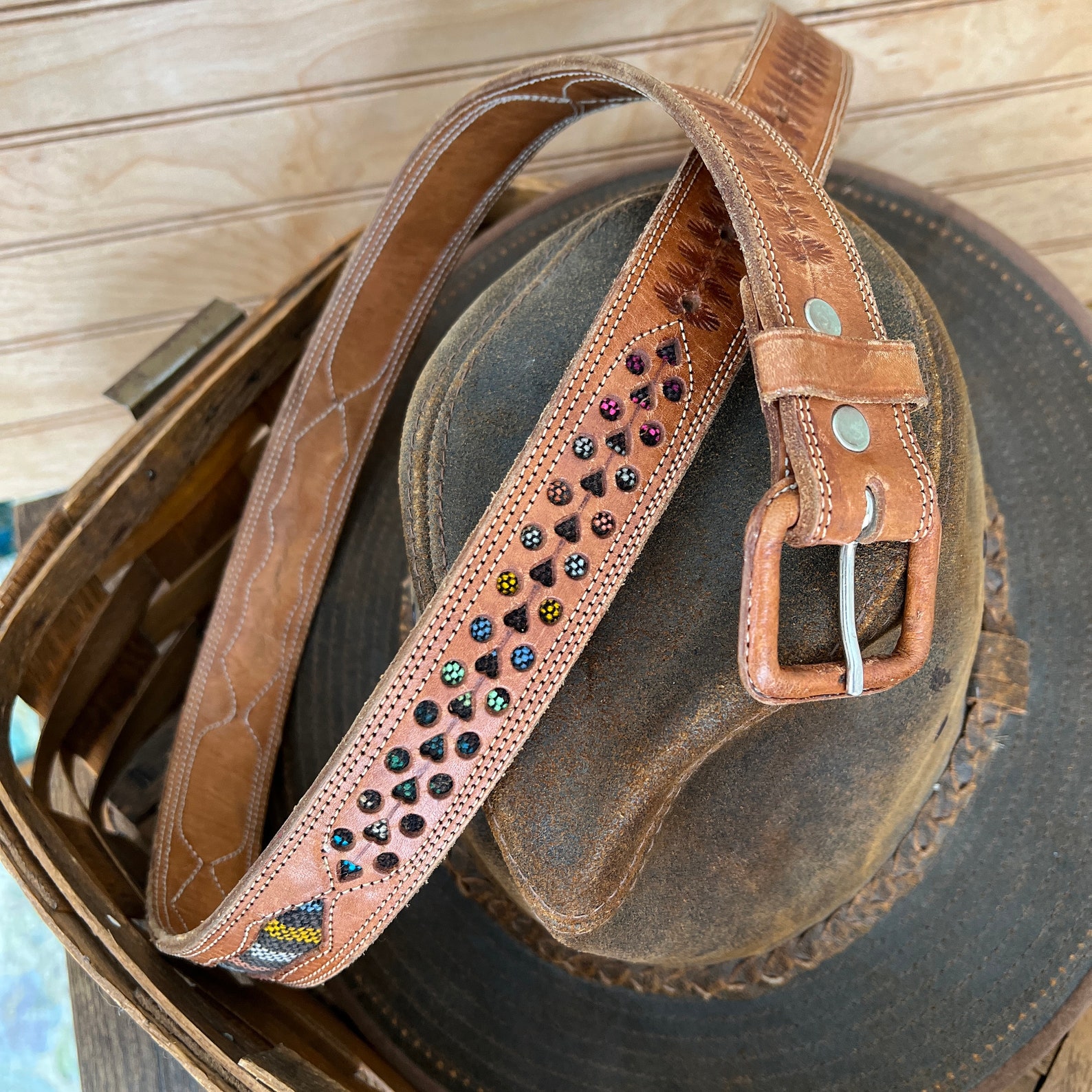 Vintage GENUINE LEATHER Belt, Detailed Stitching & Wrapped Buckle ...