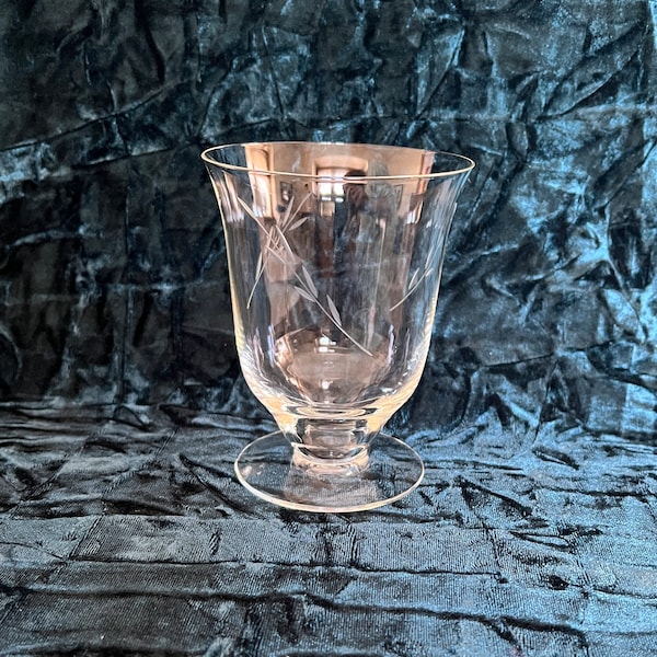 Vintage MIDCENTURY Water/Iced Tea Etched Crystal Glassware  4-1/2" H Footed Flared Goblet, Fancy Barware, Branch & Leaf Design, 9 Available