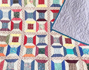 PATCHWORK QUILT 67" x 80”  "Spools" Design, Vintage Style Fabrics, Queen Full Twin Size Quilt, Colorful Housewarming or Birthday Gift NEW!