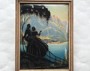 Vintage 1940s Reverse-Painted Silhouette On Convex Bubble Glass in Original Wood Frame, 3D Picture Art