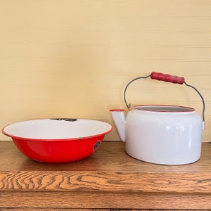 1940s ENAMELWARE Set White and Red Trim Wood-Handled Pot w/ Spout and Basin, Vintage Rustic Country Farmhouse Kitchen Collectible and Decor