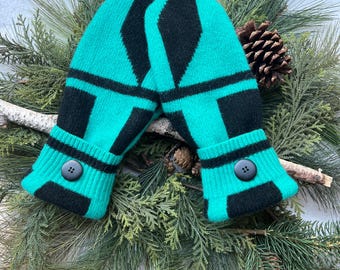 WOOL Sweater MITTENS Geometric Aqua & Black Design, Fleece Lined, Round Button Cuffs, Upcycled Recycled Gift for Women or Teens, Size M