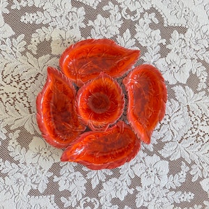 Vintage CALIFORNIA ORIGINAL #594 USA Pottery Set of 5 Reddish Orange Drip Glaze Leaf Shaped Condiment Dishes, Autumn Serveware Dinnerware