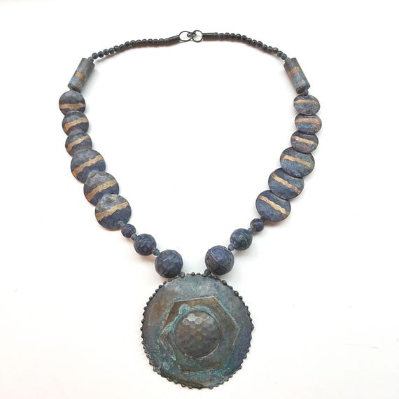 1980s 21" Artisan Metal Beads w/ Layered Pendant Necklace, Brass Beads Painted Patinated Faceted Scratched & Hammered, Chunky Jewelry, WOW!