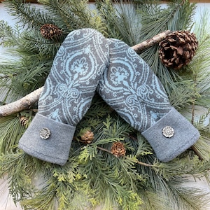 UPCYCLED WOOL Sweater MITTENS, Gray & Baby Blue, Silver-Toned Floral Button Cuffs, Fleece-Lined, Recycled Gift for Women or Teens, Size M