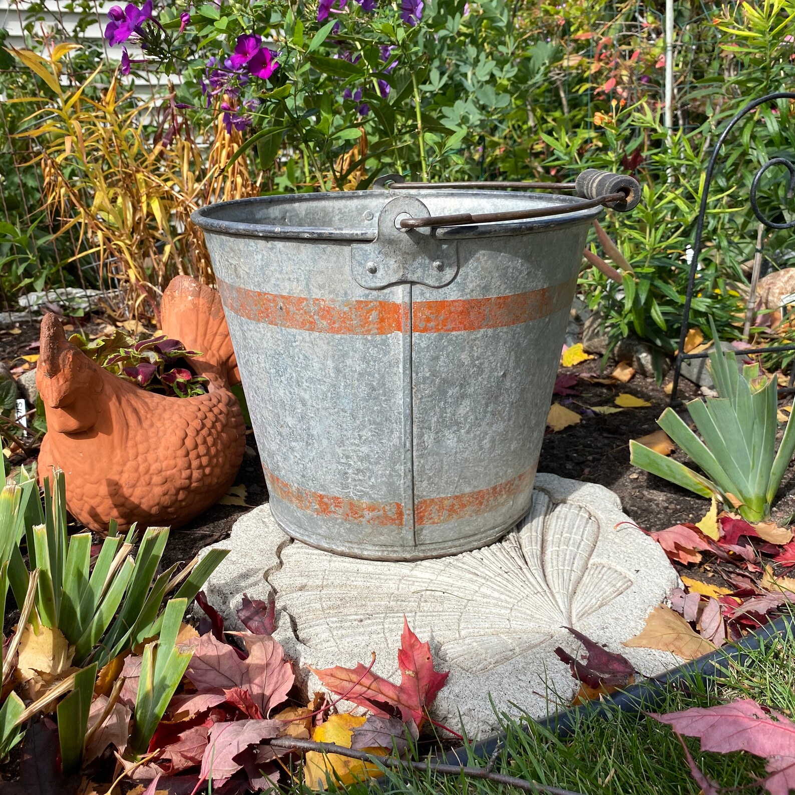 Cubo de pail galvanizado Vtg con bandas rojas agarre de | Etsy