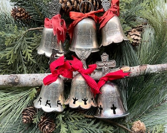 1990s CHRISTMAS BELLS International Silver, 1992 Nutcracker, 1992 Ring, 1994 Reindeer, 1996 Angel, 1998 Cross Silverplated