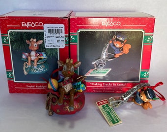 1992 ENESCO ORNAMENTS Toyful Rudolph or Making Tracks to Santa #7 Chester Chipmunk Series, Original Boxes Treasury of Christmas Tree Decor