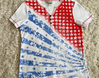 Vintage Red White Blue Patriotic American Flag Pullover Top by Christopher & Banks, Sz Petite M All-Cotton, Sparkly Silver LIKE NEW!!