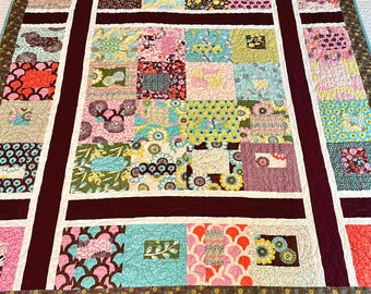 PATCHWORK QUILT Modern Personal or Twin Size Throw 62 x 70" All-Cotton Wine Plum Green Teal Pink Coral, Cheery Cozy Blanket Gift NEW!