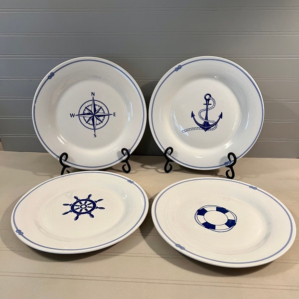 Vtg ROYAL NORFOLK Choice of 4 Dinner Plates, 10" Ceramic Blue On White Nautical Image, Rope Anchor Helm Compass OR Life Preserver, Rope Trim