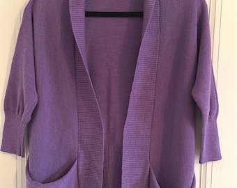 Vintage EILEEN FISHER Merino Wool Cardigan, Purple Knit Open Front Sweater, 3/4 Length Sleeve, Drop Pockets, Size S