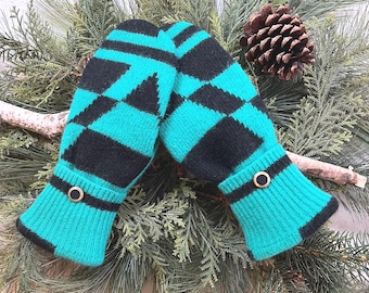 WOOL Sweater MITTENS Geometric Aqua & Black Design, Fleece Lined, Fancy Button Cuffs, Upcycled Recycled Gift for Women or Teens, Size S