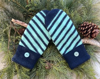 UPCYCLED Felted WOOL Sweater MITTENS Aqua & Navy Striped, Fleece Lined, Frosty Button Cuffs, Recycled Gift for Women or Teens, Size M