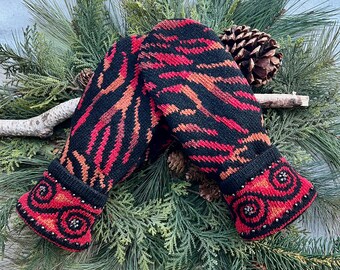WOOL Sweater MITTENS, Vintage Brown Black Rust and Dark Coral Design, Fleece-Lined, Beaded Cuffs, Upcycled Recycled Gift for Her, Sz M