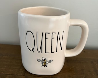 Vintage Rae Dunn Mug QUEEN BEE Large Coffee Tea Cup, Black White and Yellow, Magenta Artisan Collection