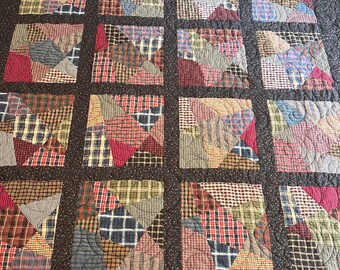 PATCHWORK QUILT 56” x 76” Plaid Stars Navy & Red, Full or Twin Size Bedspread or Personal Size Blanket, Couch Throw, Housewarming Gift