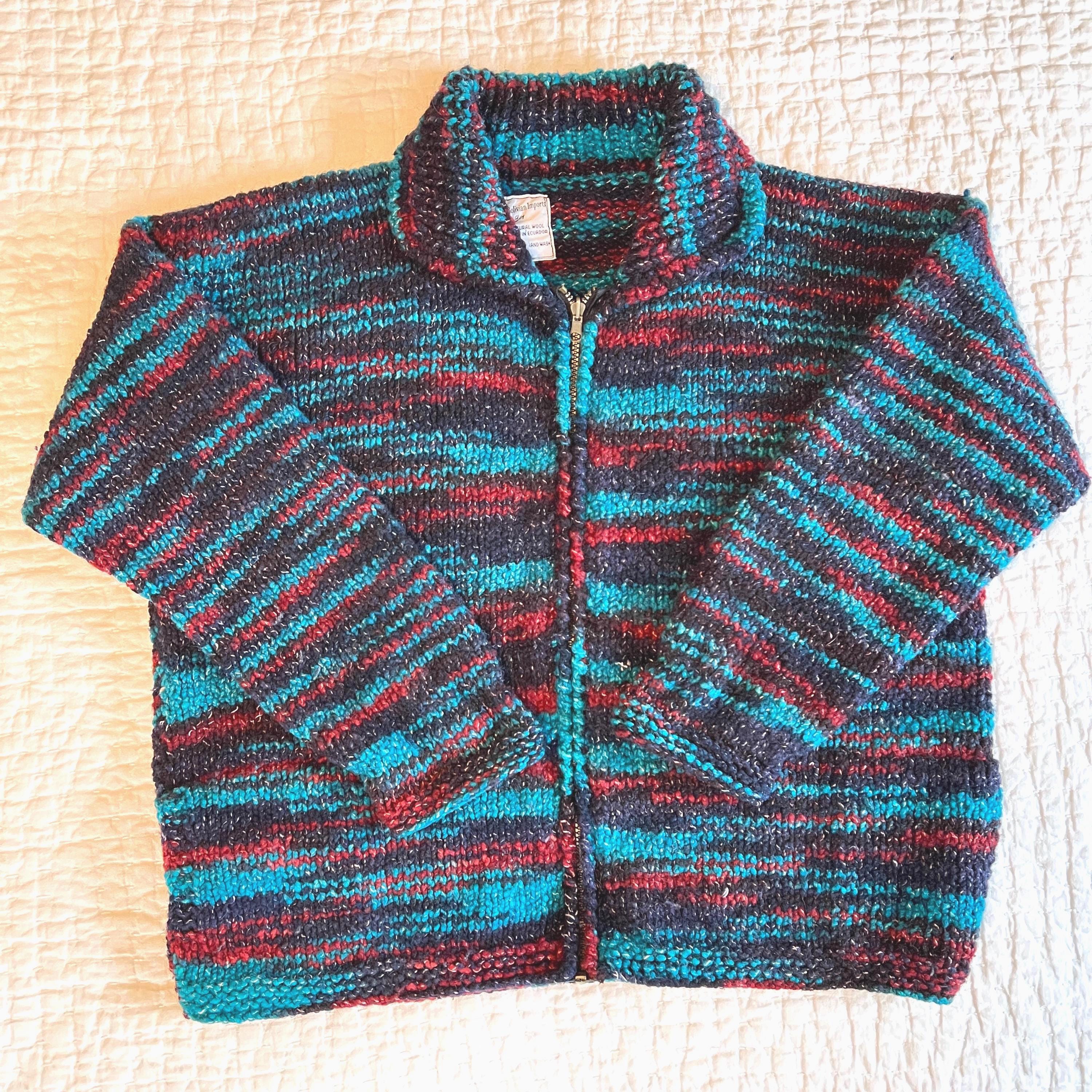 トップス Vintage Bolivian Hand Knit Cardigan Vintage Womens Bolivian Toshy Wool Multi-Color Heavy Cardigan