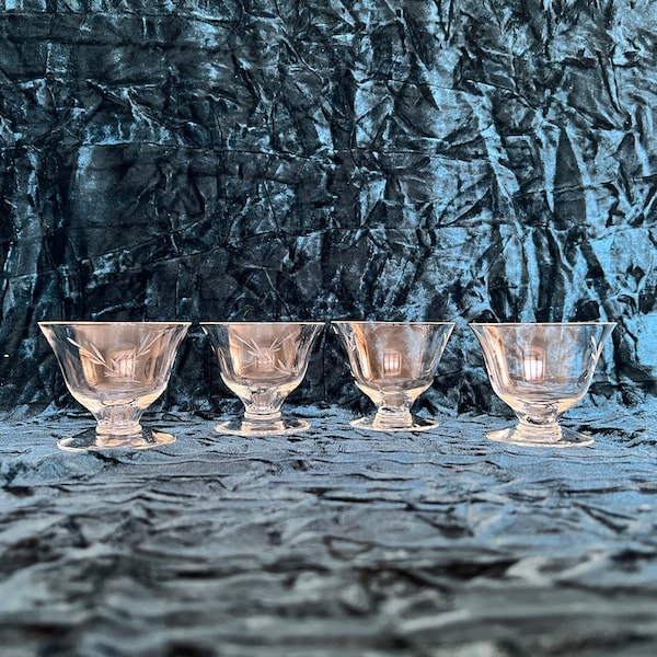 Vintage MIDCENTURY Cordial/Liqueur Etched Crystal Glassware  2-1/4" H Footed Flared Goblet, Fancy Barware, Branch & Leaf Design, 3 Available