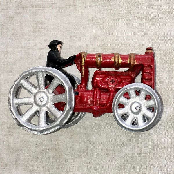Cast Iron Red FORD Toy Tractor Cast In Driver / Farmer, Original 1960s Reproduction of 1930s FORDSON Tractor Toy Farm Equipment