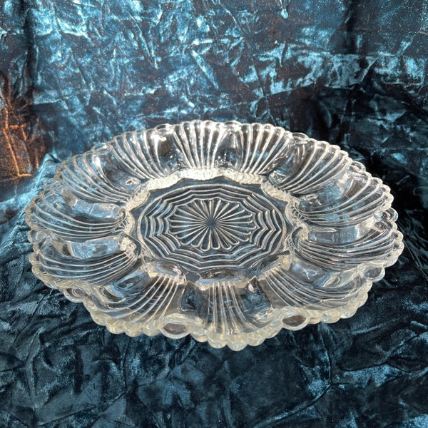 Vtg CLEAR GLASS PLATE 10" Round Serving Platter w/ 12 Small Sections, Deviled Egg Relish Plate, Smooth Top Surface, Ribbed Shapes on Bottom