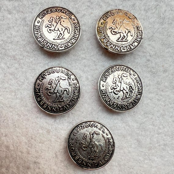 イギリス　40s 50s 国鉄　ユーロビンテージ　メタルボタン 1964 INNSBRUK-KITZBUHEL MCMLXIV Set of 5 Silver Metal Buttons From