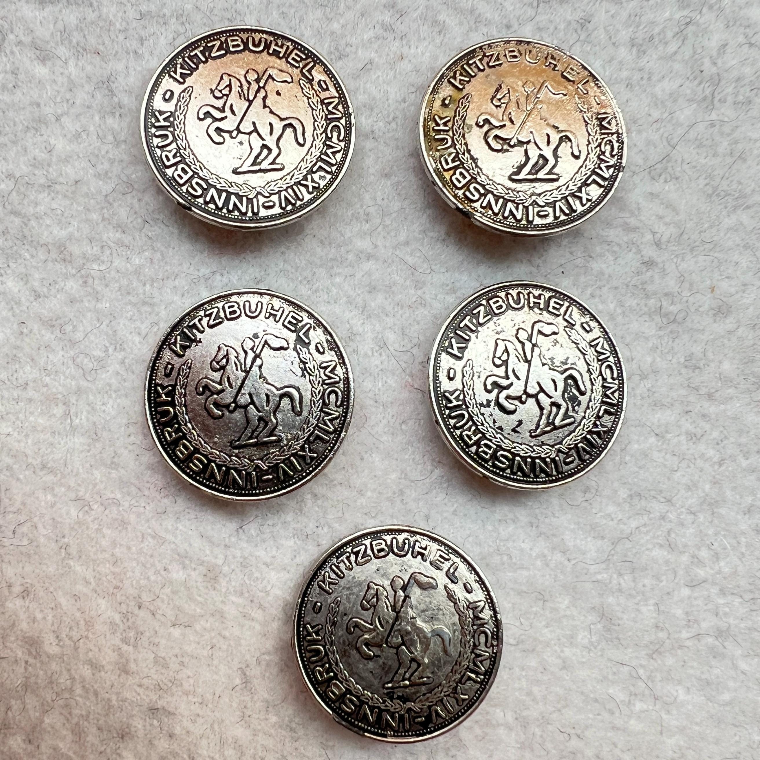1964 INNSBRUK-KITZBUHEL MCMLXIV Set of 5 Silver Metal Buttons From