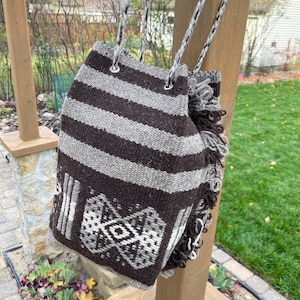 Vintage LATIN AMERICAN WOOL Crossbody Shoulder Rug Bag, Woven Gray Brown Cream, Stripes Loops and Braided Cords, Native Design, Woven Tote