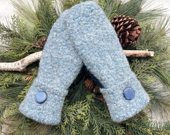 WOOL Sweater MITTENS, Light Blue and Navy Design, Blue Button Cuffs, Fleece-Lined, Upcycled Recycled Gift for Her, Size M