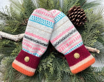 WOOL Sweater MITTENS, Aqua-Blue Gray Pink Wine Orange Decorative Stripe, Fleece-Lined, Button Cuffs, Upcycled Recycled Gift for Her, Size S