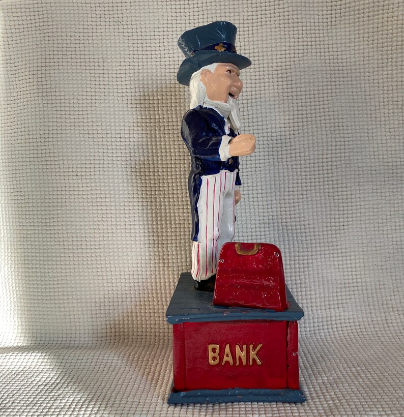 11 Working Reproduction Mechanical Coin Bank Patriotic Gift Vintage Cast Iron UNCLE SAM Bank Door Stop Push Nail Head /& Sam Drops Coin