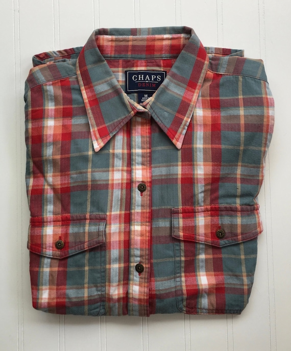 Vintage Ralph Lauren CHAPS DENIM Cotton Shirt, Teal Red and White