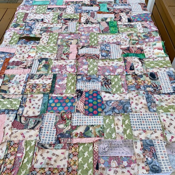 VINTAGE QUILT TOP Asian Inspired Fabrics Patchwork, 40