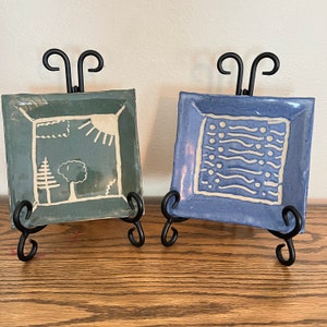 Vtg Square Ceramic Tray Dish Set of 2, Handcrafted Slab Art Pottery Blue Green Taupe, Small Square Trinket or Tapas Plates, Artist Signed HG