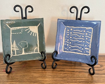 Vtg Square Ceramic Tray Dish Set of 2, Handcrafted Slab Art Pottery Blue Green Taupe, Small Square Trinket or Tapas Plates, Artist Signed HG