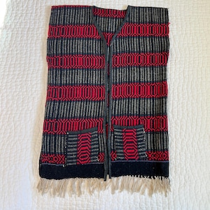 Vintage GUATEMALAN FESTIVAL VEST Hand Woven Wool Fabric, Traditional Ethnic Textile, Gray Red Black, Pockets, One Size for Men or Women