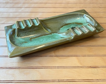 1960s RED WING Ashtray Green Ceramic Rectangle, MCM 12x5&quot; Drip Glaze Cigar Ashtray, Trinket Jewelry Appetizer or Relish Dish, Collectible