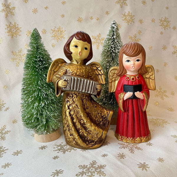 1960s CHOiR ANGEL 8-1/2" Gold Musician Playing Accordion OR 7-1/2" Red Angel Caroler, Vintage Christmas Holiday Mantel Decor MCM Collectible