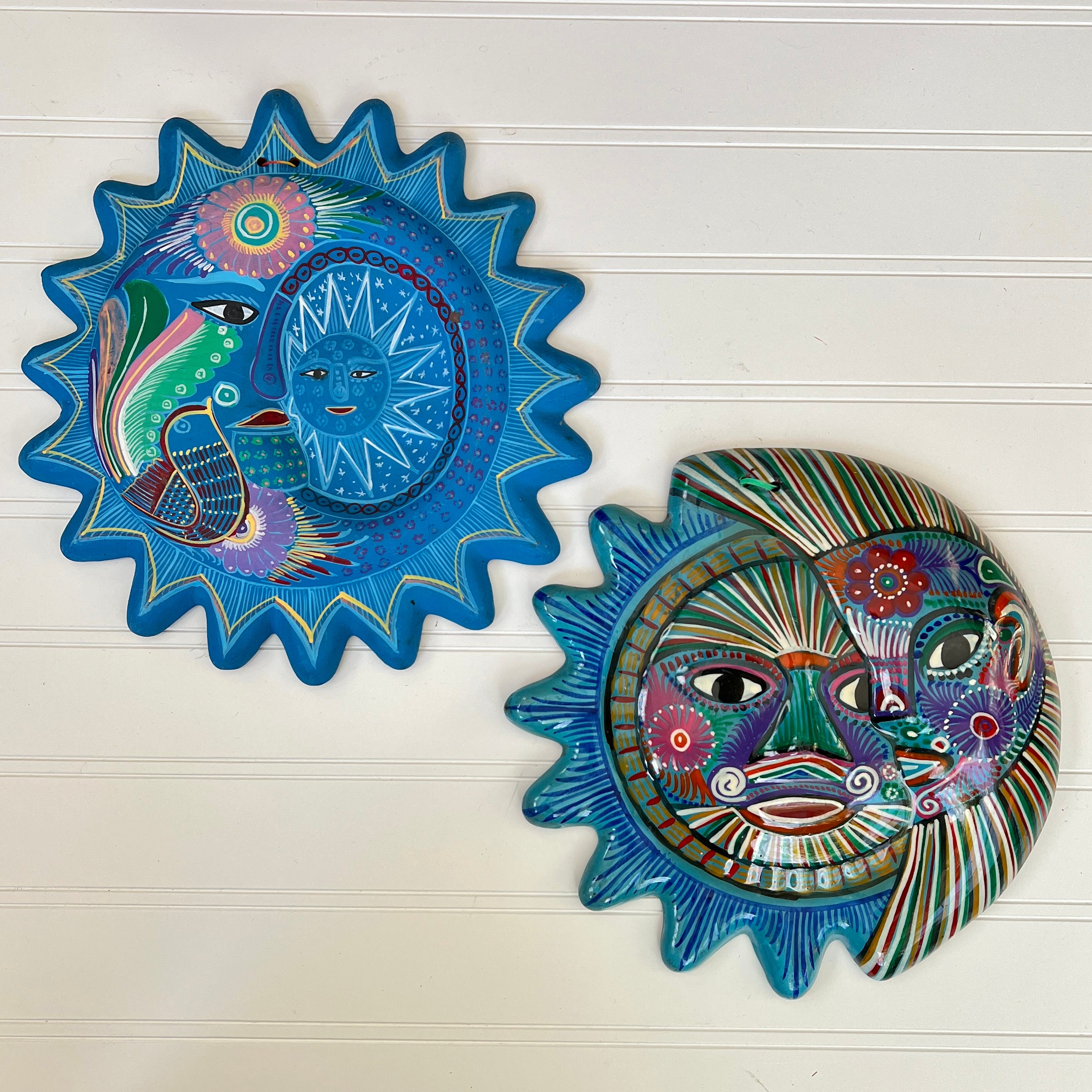 Vtg CELESTIAL Clay Wall Plaque, Hand Painted Colorful Sun Moon Faces on Blue Background, Your Choice Flat OR Shiny Finish, Mexican Folk Art