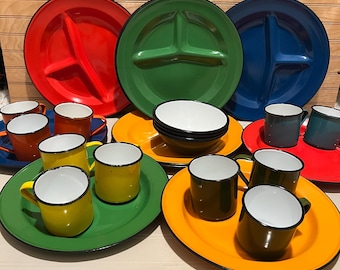 Vintage 1960s ENAMEL WARE Divided Plates - Plates - Bowls - Cups, Your Choice of 28 Colorful Pieces with Black Rims, Metal Camping Dishes