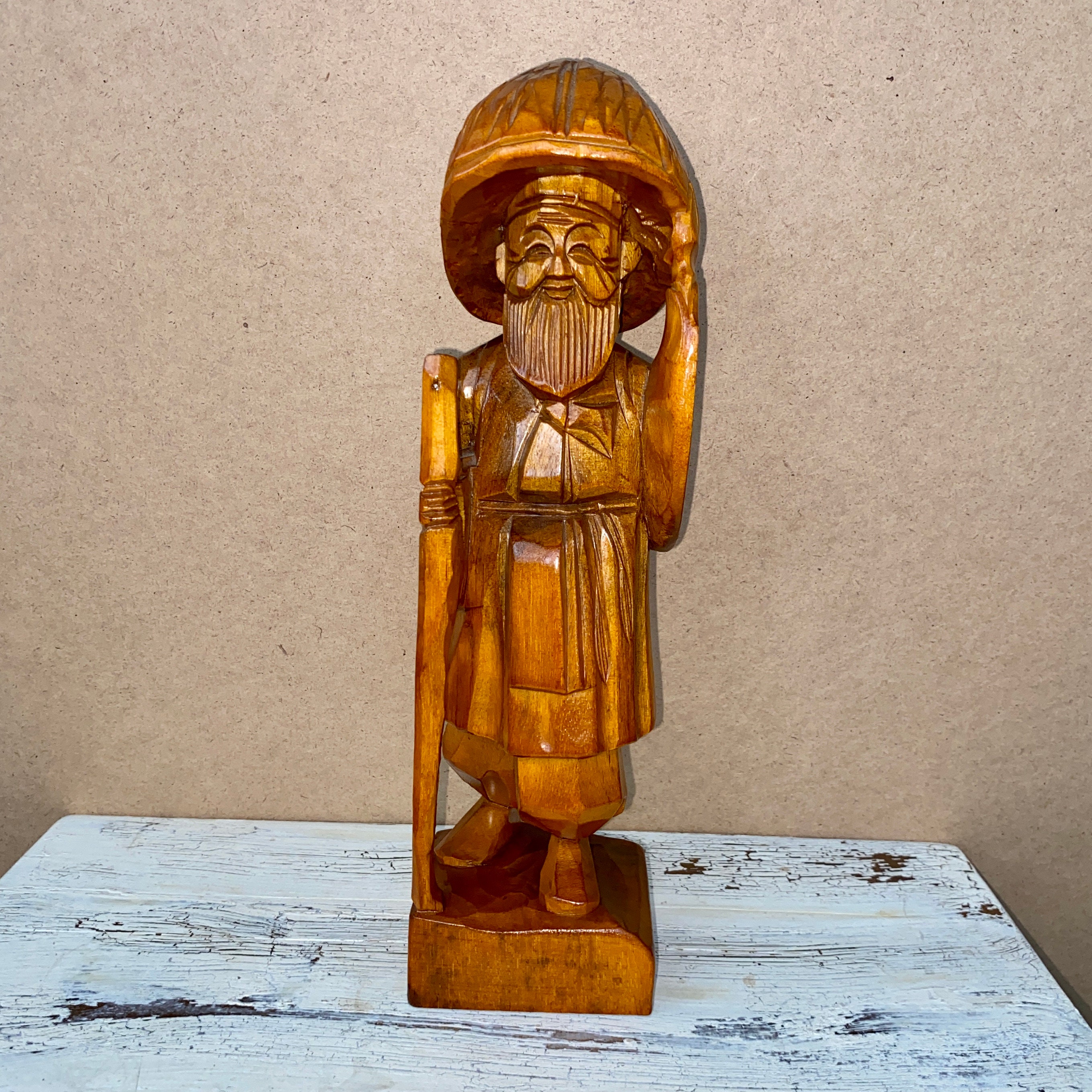 Vintage ASIAN WALKING MAN With Hat Cane Beard Carrying Pack on