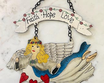 Vintage Painted Tin ANGEL FAiTH HOPE LOVE Wall Hanging, Flying Angel Holding 3 Hearts