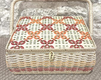 Vintage J C Penny SEWING BASKET Wicker Style, Cream Red Orange Green, Embroidered Lid, Underside Pin Cushion, Artist Caddy, Craft Storage
